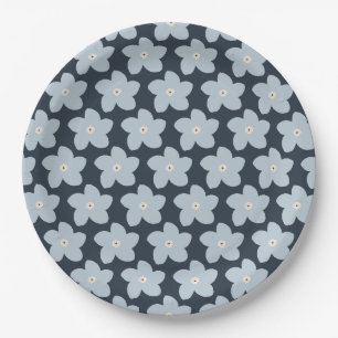 Light Blue And Navy Retro Flower Paper Plates