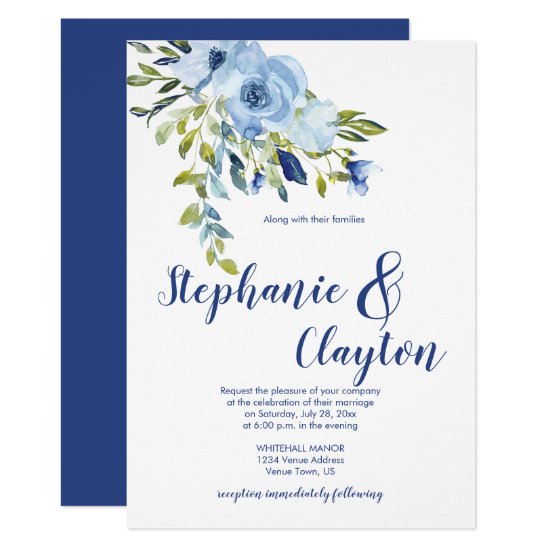 Light Blue and Navy Watercolor Flowers Wedding | Invitation