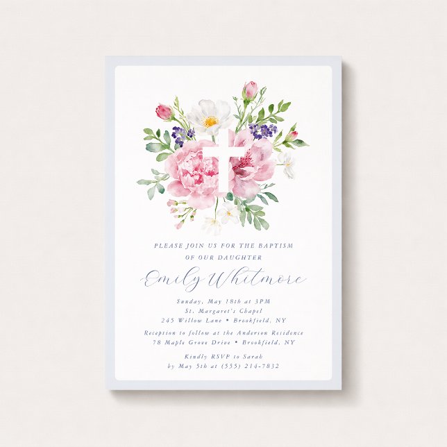 Light Blue and Pink Floral Cross Baptism  Invitation (Creator Uploaded)