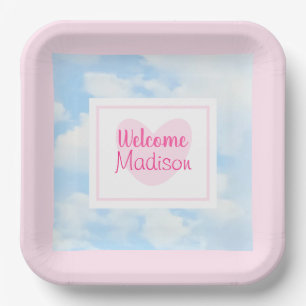Light Blue and Pink Heart Baby Girl Shower Paper Plates