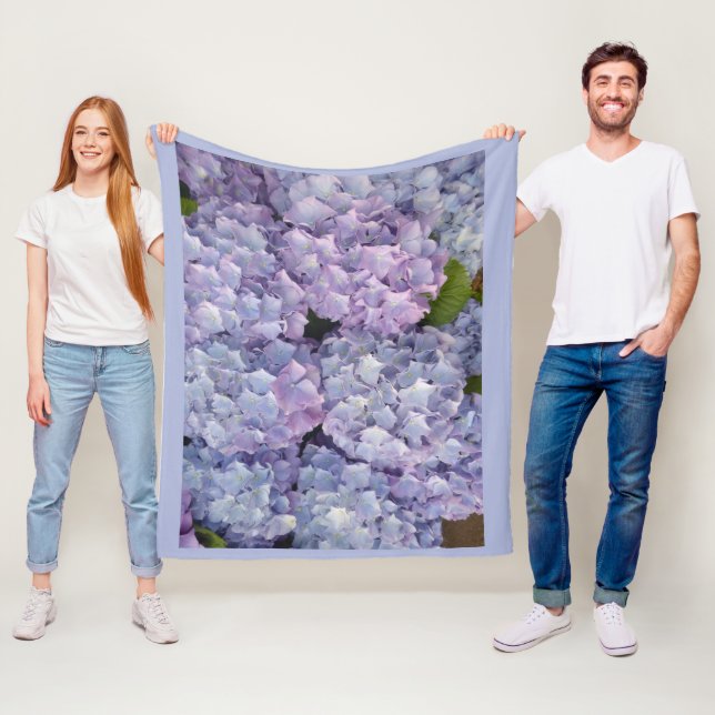 Light Blue and Pink Hydrangea Blue Fleece Blanket (In Situ)
