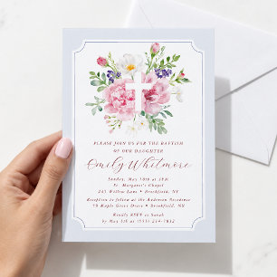 Light Blue and Pink Watercolor Floral Baptism Invitation