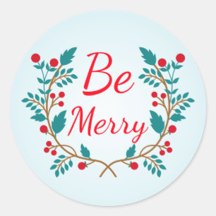 Light Blue and Red Christmas Wreath "Be Merry" Classic Round Sticker