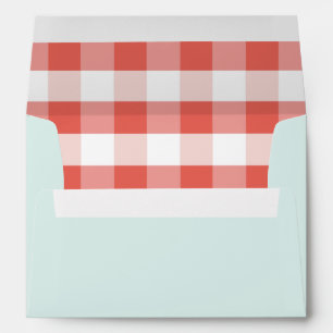 Light Blue and Red Gingham Wedding Envelope