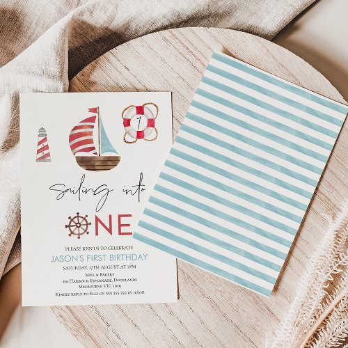 Light Blue and Red Nautical Sail Boat 1st Birthday Invitation