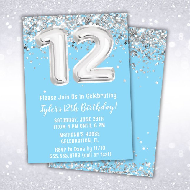 Light Blue and Silver 12th Birthday Invitation (Creator Uploaded)