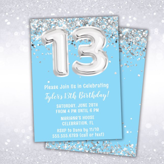 Light Blue and Silver 13th Birthday Invitation (Creator Uploaded)