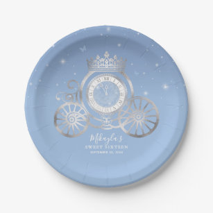 Light Blue and Silver Cinderella Princess Birthday Paper Plates