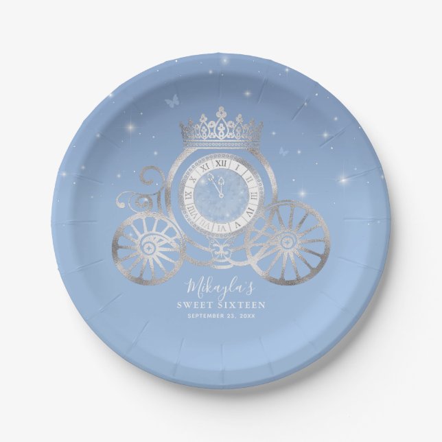 Light Blue and Silver Cinderella Princess Birthday Paper Plates (Front)