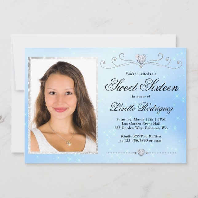 Light Blue and Silver Sweet 16 Sixteen Birthday Invitation (Front)