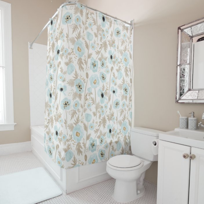 Light Blue And Tan Watercolor Floral Pattern Print Shower Curtain