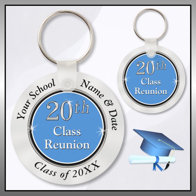 Light Blue and White, 20th Class Reunion Favors,  Keychain (20 year class reunion ideas. 20th class reunion gifts for classmates. Carolina blue, Black and White)