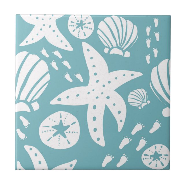 Light Blue and White Beach Seashell Ceramic Tile (Front)
