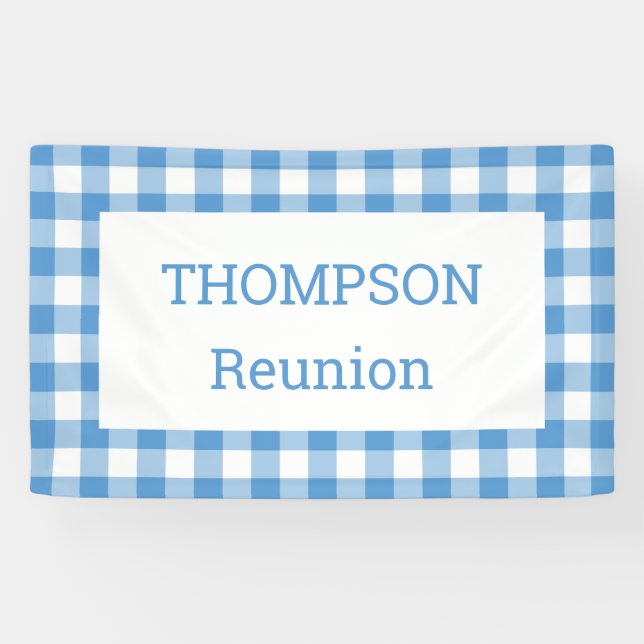 Light Blue and White Buffalo Check Reunion Party Banner (Horizontal)