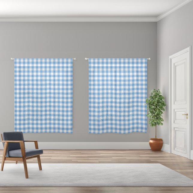 Light Blue and White Buffalo Plaid Pattern Sheer Curtains (Wide)