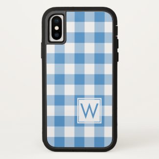 Light Blue and White Buffalo Plaid with Monogram iPhone X Case