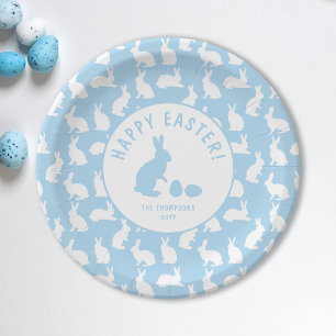 Light Blue And White Bunny Pattern Happy Easter Paper Plates