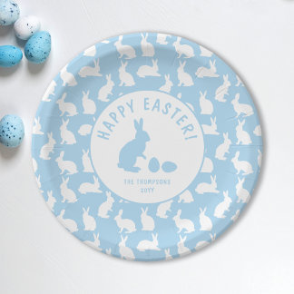 Light Blue And White Bunny Pattern Happy Easter Paper Plates