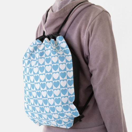 Light Blue and White Checkerboard Heart Pattern Drawstring Bag