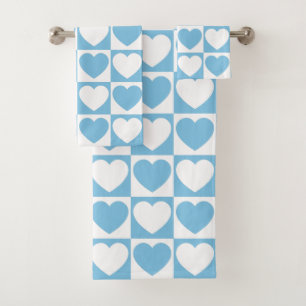 Light Blue and White Checkered Pattern With Hearts Bath Towel Set