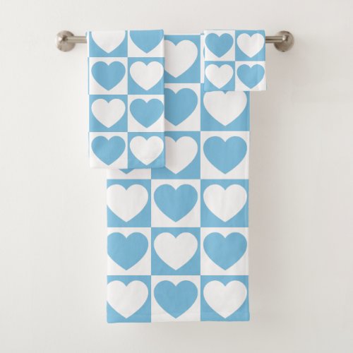 Light Blue and White Checkered Pattern With Hearts Bath Towel Set