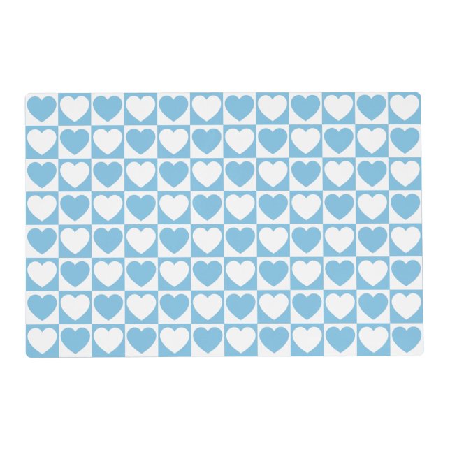 Light Blue and White Checkered Pattern With Hearts Placemat (Front)