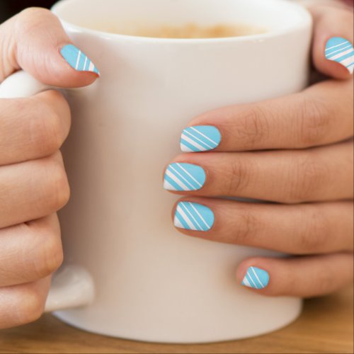 Light Blue and White Diagonal Line Minx Nail Art