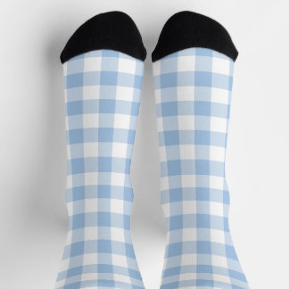 Light Blue and White Gingham Check Plaid Socks