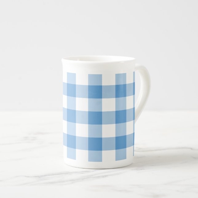 Light Blue and White Gingham Pattern Bone China Mug (Front Right)