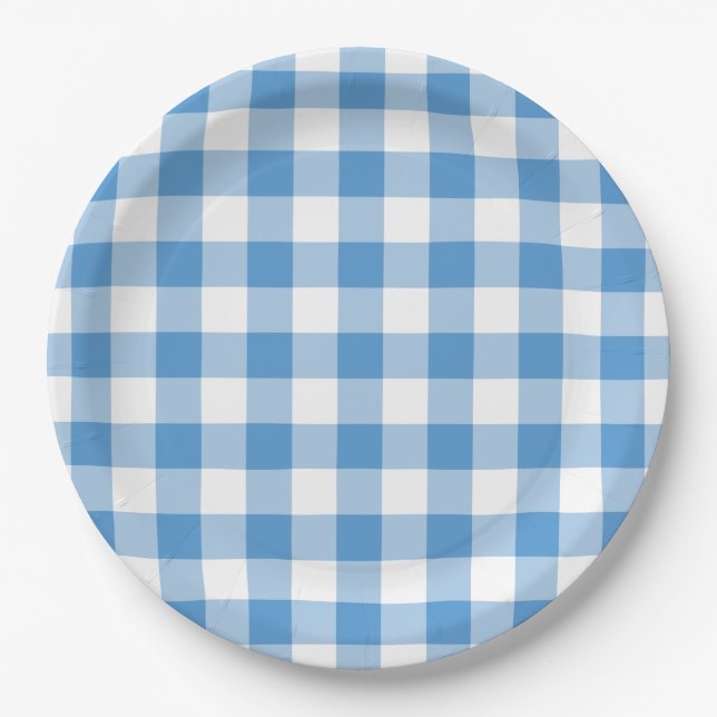 Light Blue and White Gingham Pattern Paper Plates (Front)