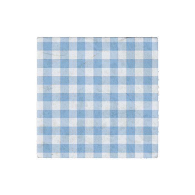 Light Blue and White Gingham Pattern Stone Magnet (Front)