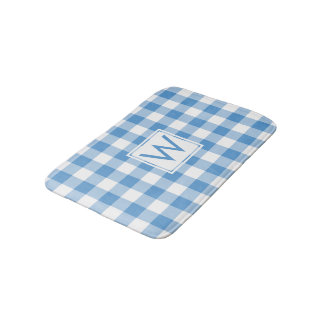 Light Blue and White Gingham Pattern with Monogram Bath Mat