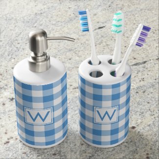 Light Blue and White Gingham Pattern with Monogram Bath Set