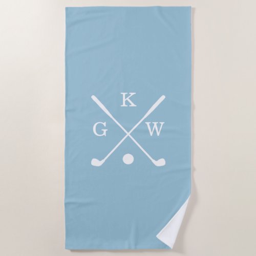 Light Blue and White Golf Clubs Monogram Golf Beach Towel