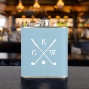 Light Blue and White Golf Clubs Monogrammed Flask