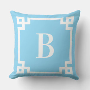 Light Blue and White Greek Key Border Monogram Throw Pillow