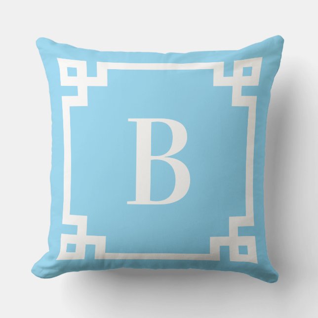 Light Blue and White Greek Key Border Monogram Throw Pillow (Front)
