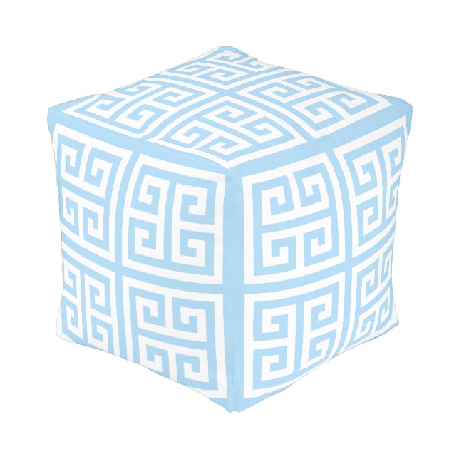 Light Blue and White Greek Key Pattern Pouf (Angled Back)