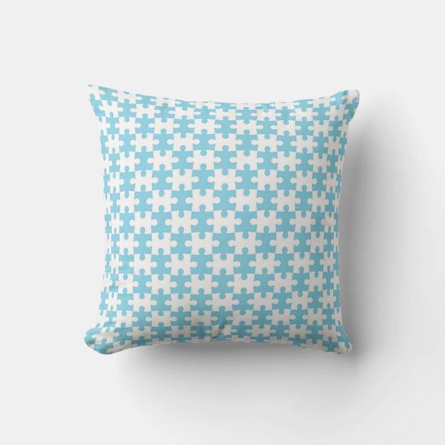 Light Blue and White Jigsaw  Puzzle Piece Pattern Throw Pillow (Front)