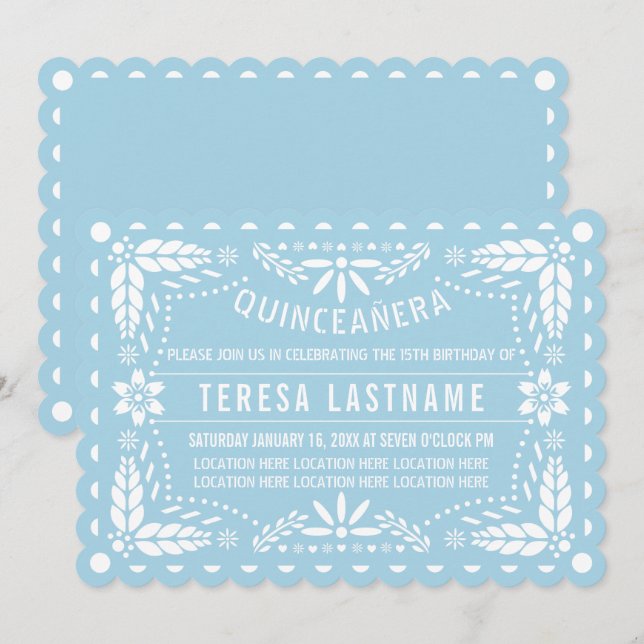 Light blue and white papel picado Quinceañera Invitation (Front/Back)