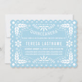Light blue and white papel picado Quinceañera Invitation (Front)