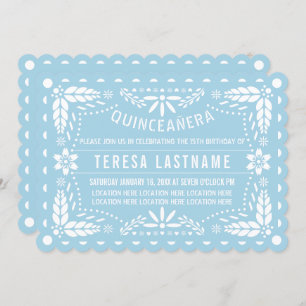 Light blue and white papel picado Quinceañera Invitation