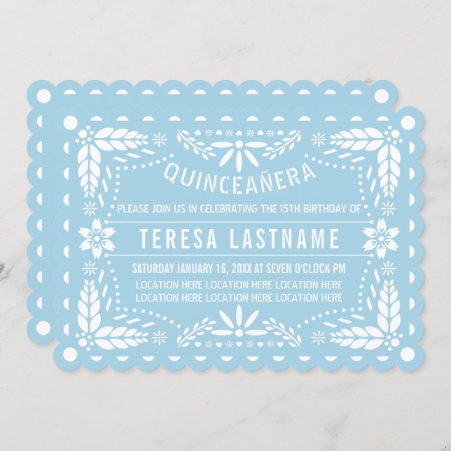 Light blue and white papel picado Quinceañera Invitation (Front/Back)