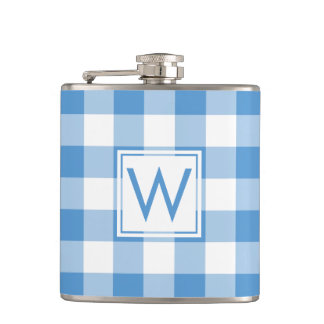 Light Blue and White Plaid Pattern with Monogram Flask