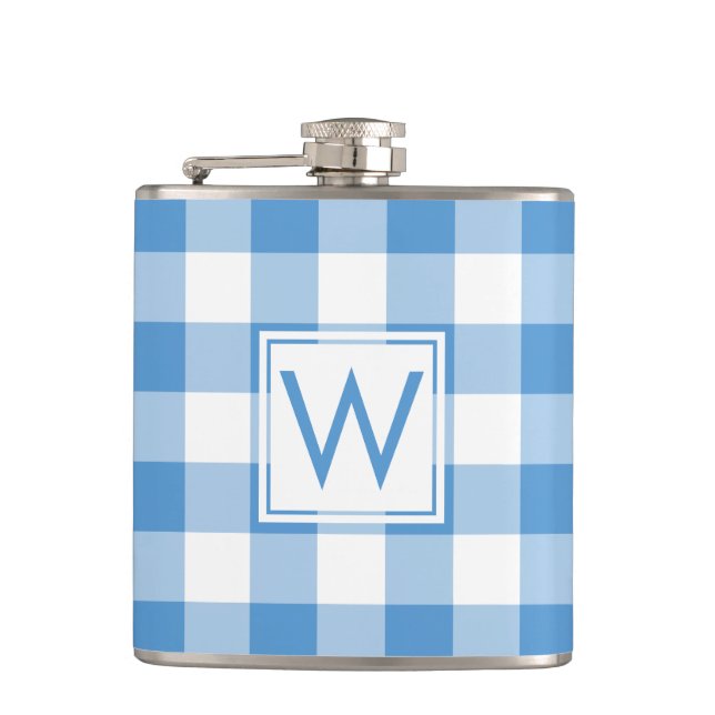 Light Blue and White Plaid Pattern with Monogram Flask (Front)