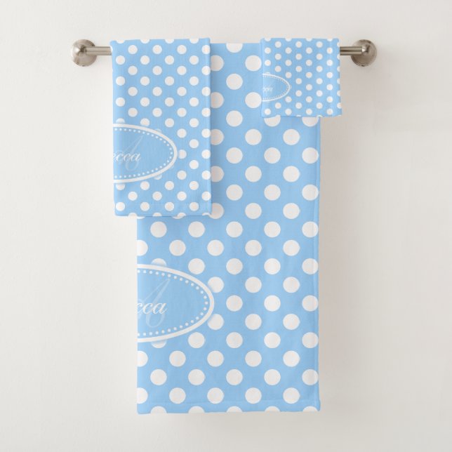 Light blue and white polka dot personalized towels (Insitu)