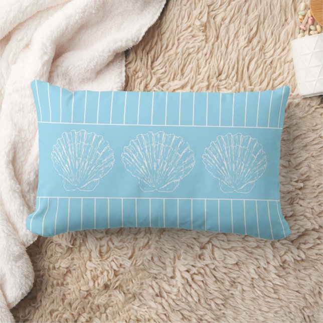 Light Blue and White Seashells and Stripes Lumbar Pillow (Blanket)