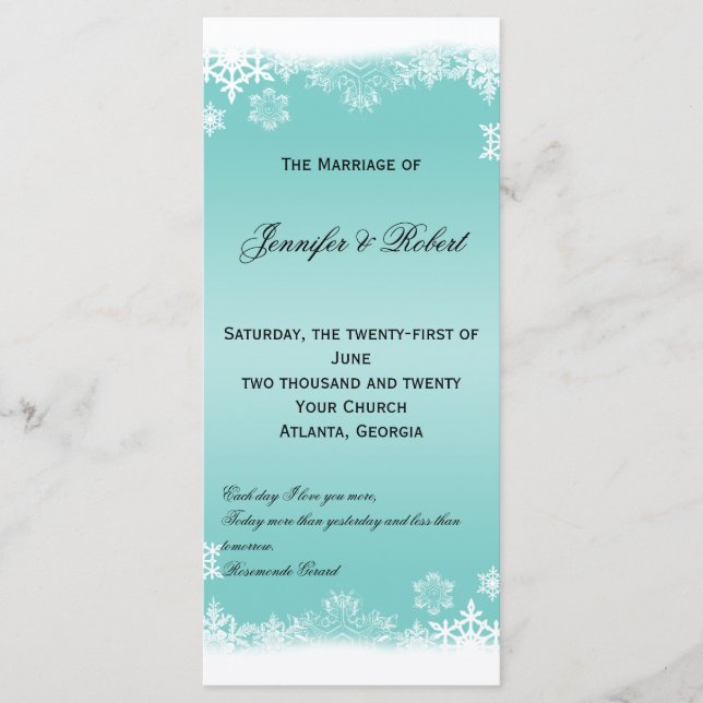 Light Blue and White Snowflakes Wedding Program (Front)