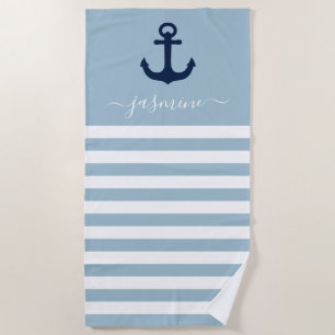 Light Blue and White Stripe Personalized Elegant Beach Towel