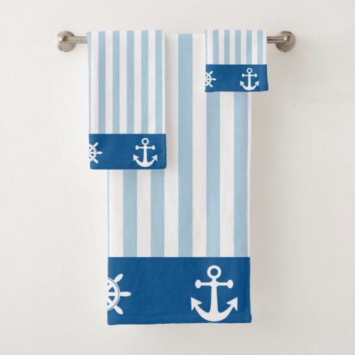 Light Blue and White Stripe with Nautical Symbols Bath Towel Set